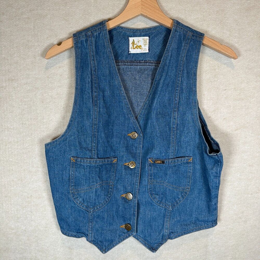 Vintage Ms Lee Denim Vest Womens Approx S Blue Made USA Western Button Front